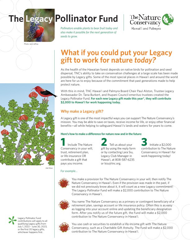 A flyer promoting the TNC Hawaii Legacy Pollinator Fund