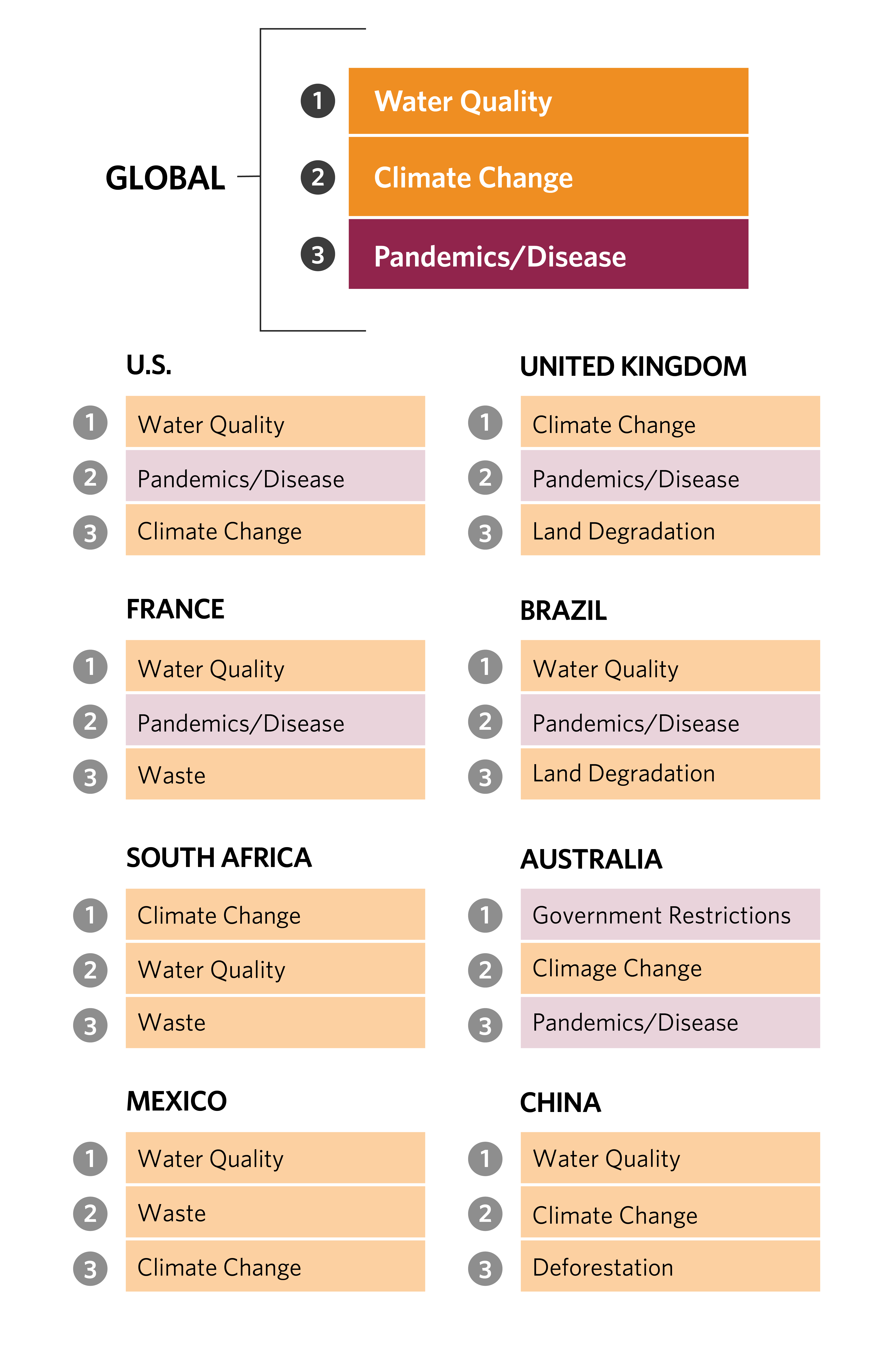 graphic showing top three global risks as water quality, climate change, and pandemics, with breakdown of eight countries top three risks below