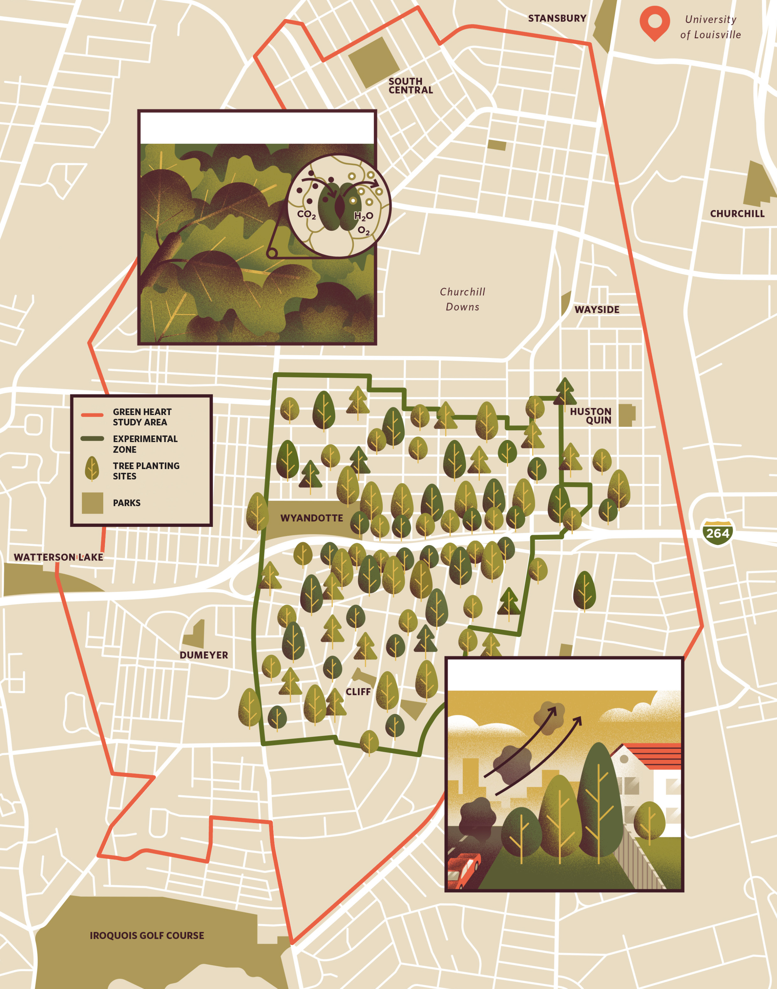 A map shows the Green Heart study area in Louisville, Kentucky.