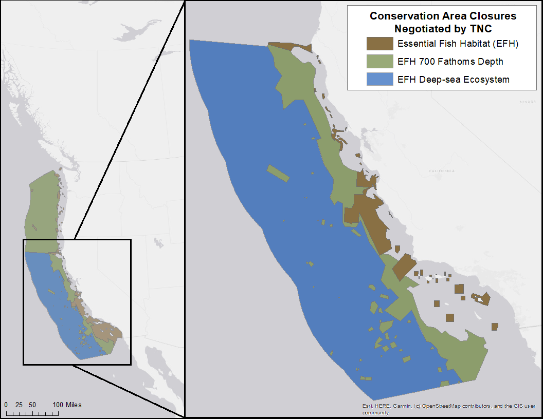 Map showing Conservation Area Closures off the CA coast