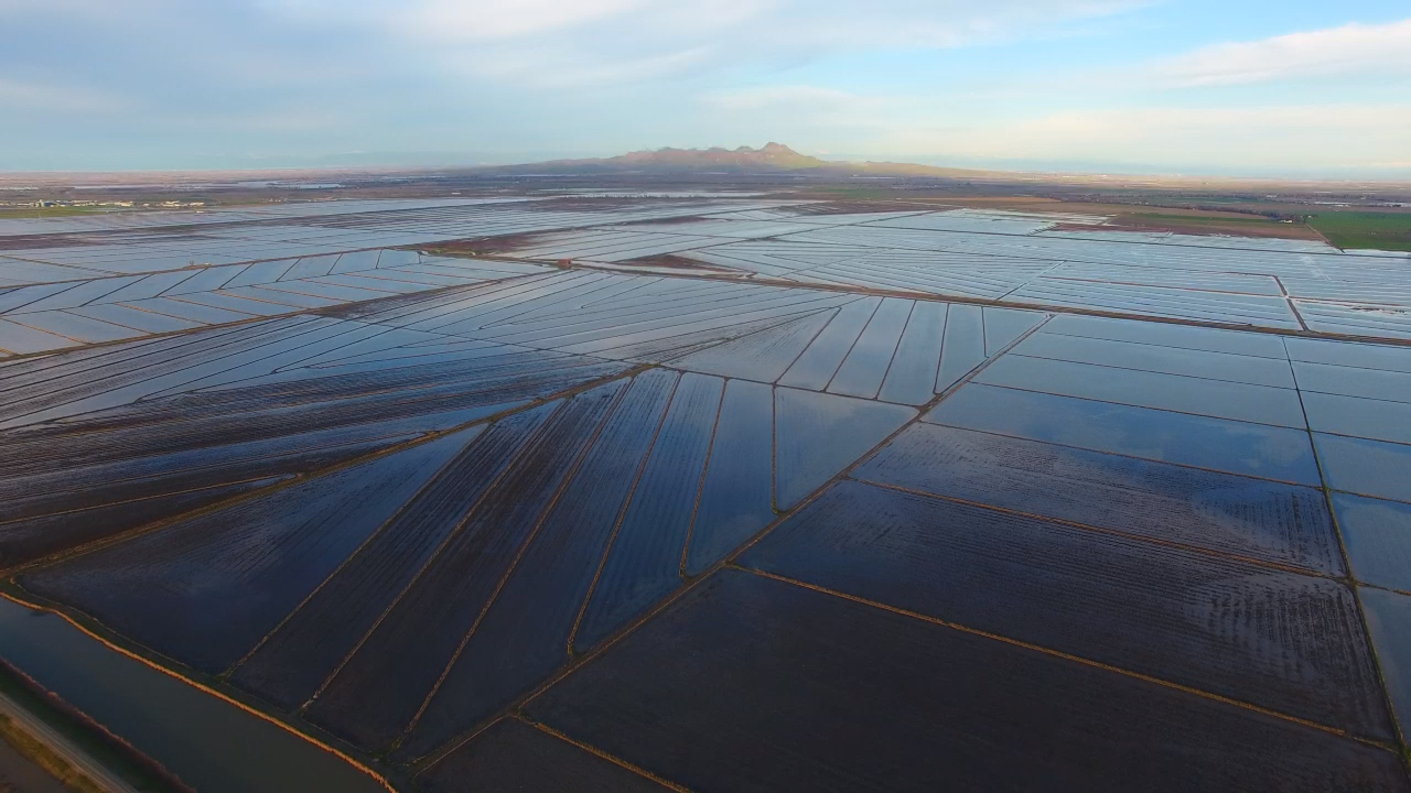 Aerial view of flooded agriculture fields in CA.
